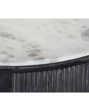 Apvalus pilkos medienos kavos staliukas balto marmuro stalviršiu